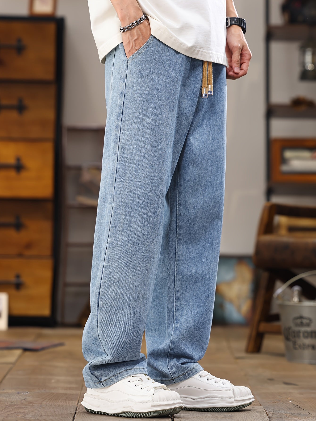 Men's Korean Style Light Blue Jeans 2025 Spring/Autumn New Washed Durable Comfortable Drawstring Straight-Leg Pants, Stylish and Versatile Casual Trousers Suitable for All Seasons by Gengyuan