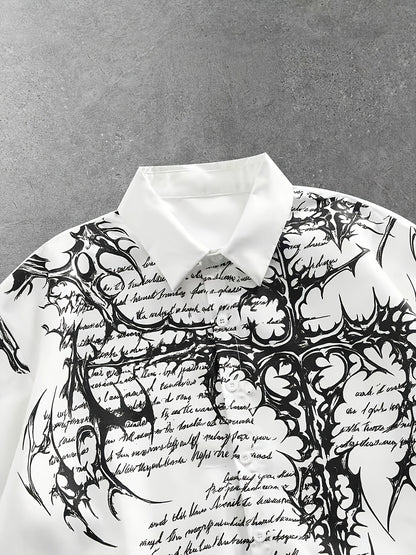 [Men's Print Shirt] Men's White Loose Casual Short Sleeve Button-Up Shirt with Print