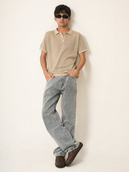 Beige Waffle Knit Polo T-Shirt
