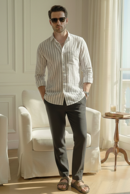 Heritage Stripes White & Black Set Oxford Cotton Relax Fit Premium Shirt and Pants Duo