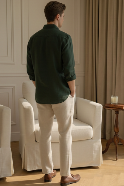 Old Money Green & Beige Classic Combo - Lotus Linen 2-Piece Duo Set Shirt & Pants