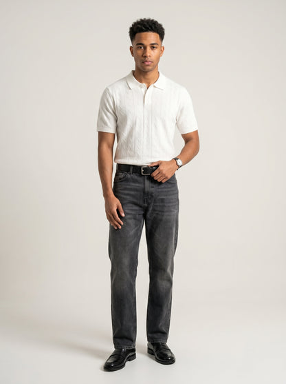 Ivory Textured Knit Polo T-Shirt