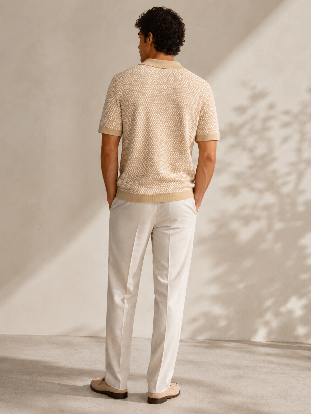 Beige Wave Knit Polo T-Shirt
