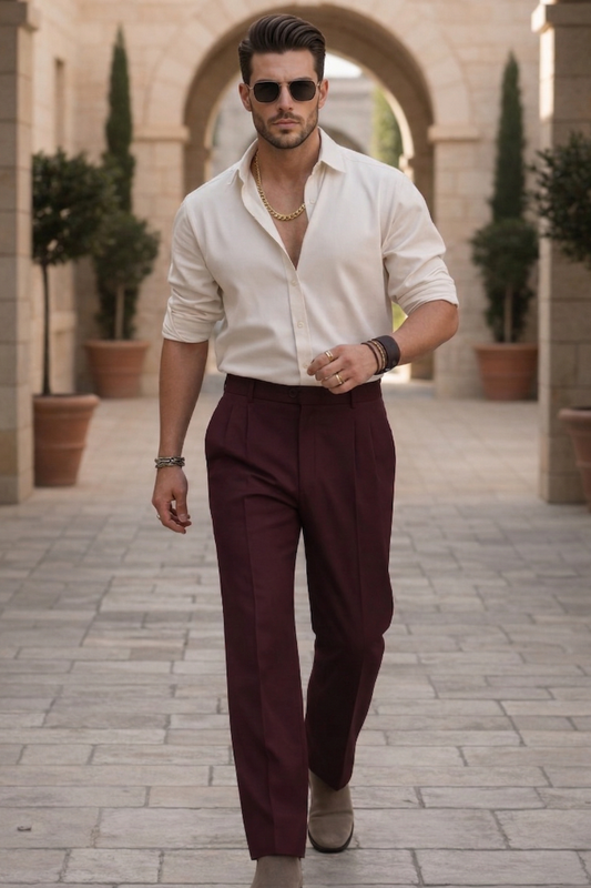 The Portofino Heritage Ensemble - Men's 2-Piece Set - Ecru Silk-Linen Blend Shirt & Deep Espresso Twill Pleated Cotton Trousers