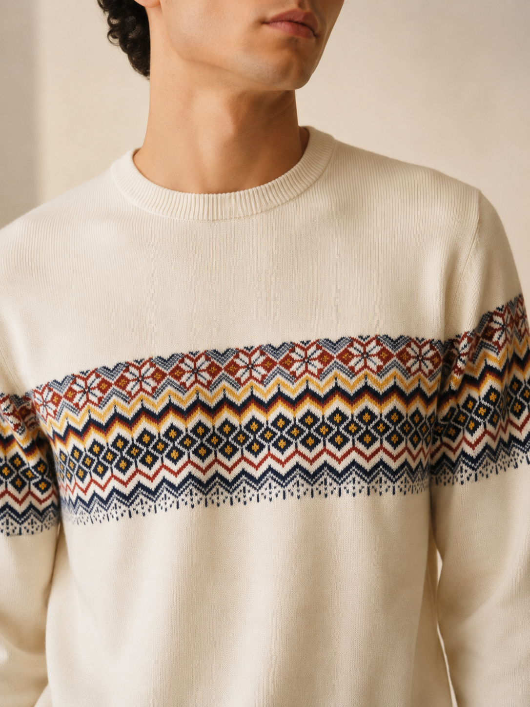 Men's Premium Fair Isle Jacquard Knit Sweater – Off White