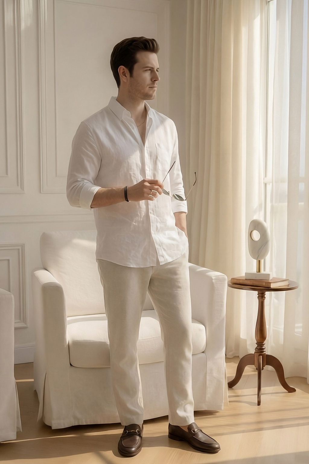 Old Money White & Beige Classic Combo - Poly Linen 2-Piece Duo Set Shirt & Pants