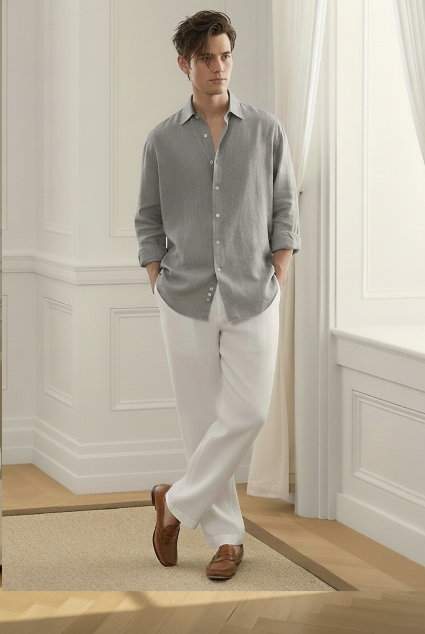 Old Money Grey & White Classic Combo - Poly Linen 2-Piece Duo Set Shirt & Pants