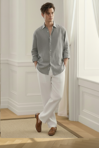 Old Money Grey & White Classic Combo - Poly Linen 2-Piece Duo Set Shirt & Pants