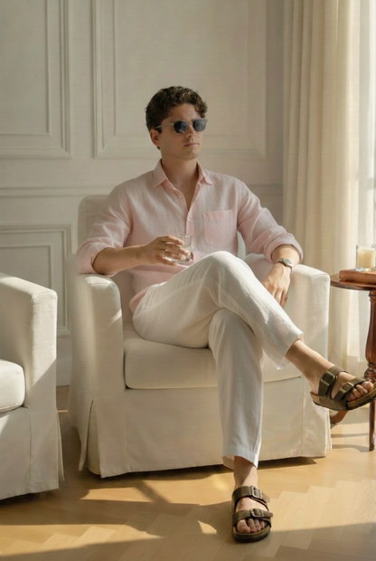 Old Money Pink & White Classic Combo - Cotton Linen 100% Cotton 2-Piece Duo Set Shirt & Pants