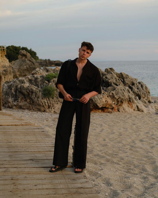 Old Money All Black Classic Combo - Poly Linen 2-Piece Duo Set Shirt & Pants