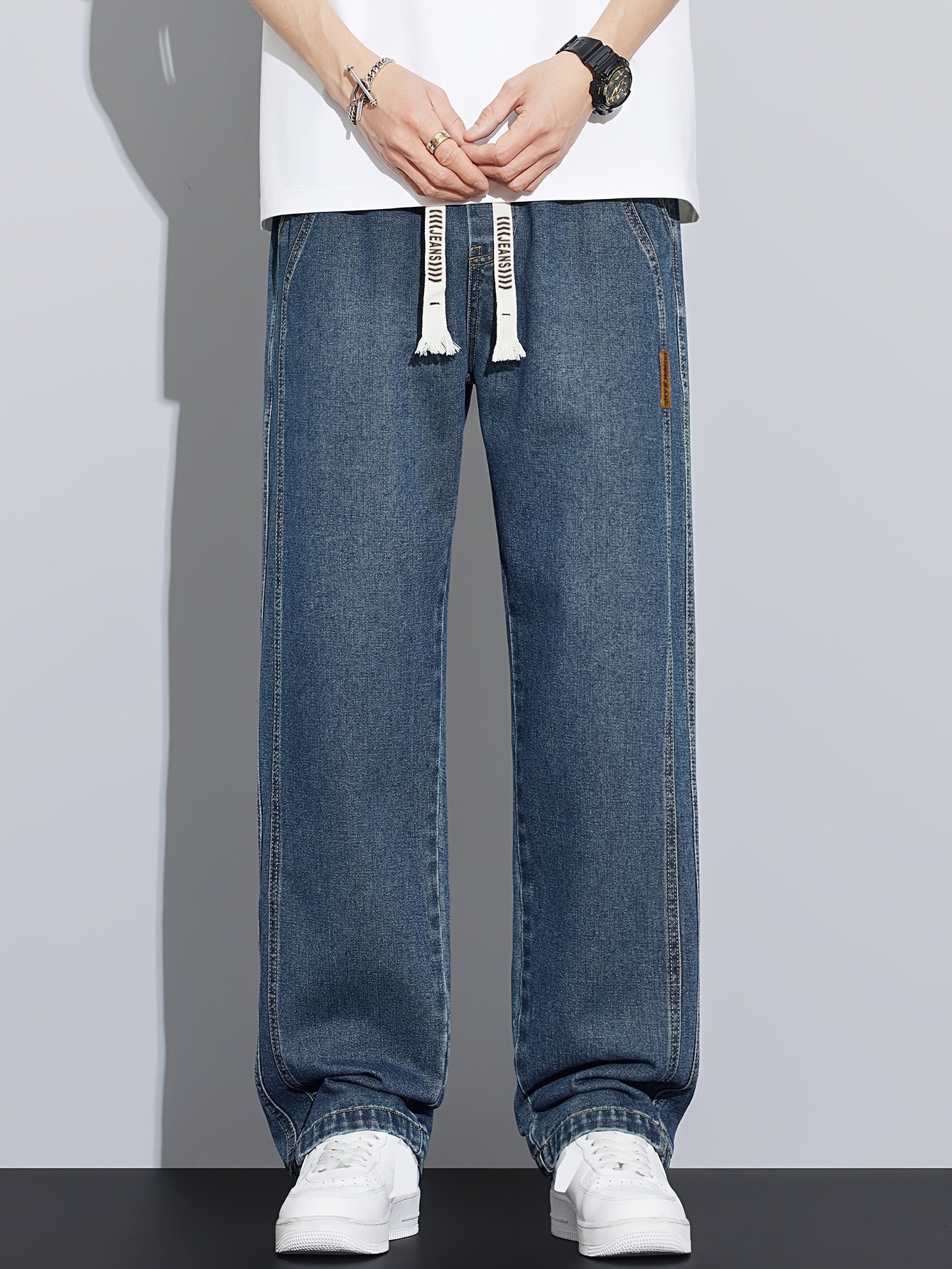 Men's Vintage Washed Blue Jeans - Heavy-Duty Straight-Leg Machine-Washable Pants for Casual, Office, Casual Attire (No-Stretch Non)