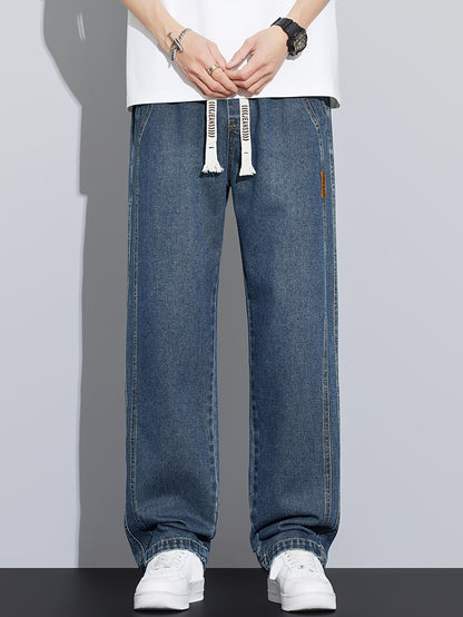 Men's Vintage Washed Blue Jeans - Heavy-Duty Straight-Leg Machine-Washable Pants for Casual, Office, Casual Attire (No-Stretch Non)