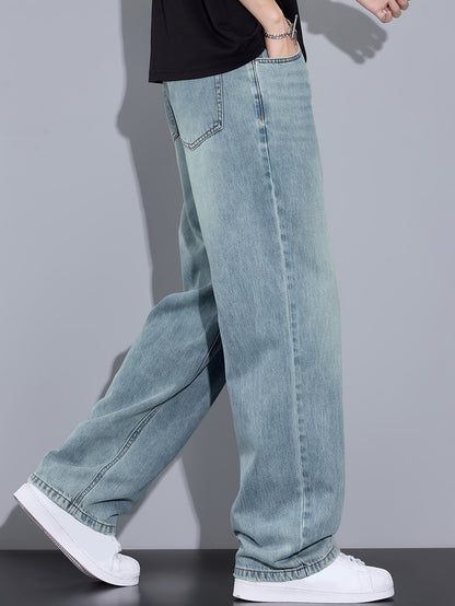 Hong Kong Style Vintage Distressed Youth Literary Light Blue Fashion Easy Men'S Autumn Washed Denim Jeans Casual All-Match Basic Commute Outdoor Leisure Loose Comfortable All-Season Men'S Straight Long Trousers (Kane.Zhang)