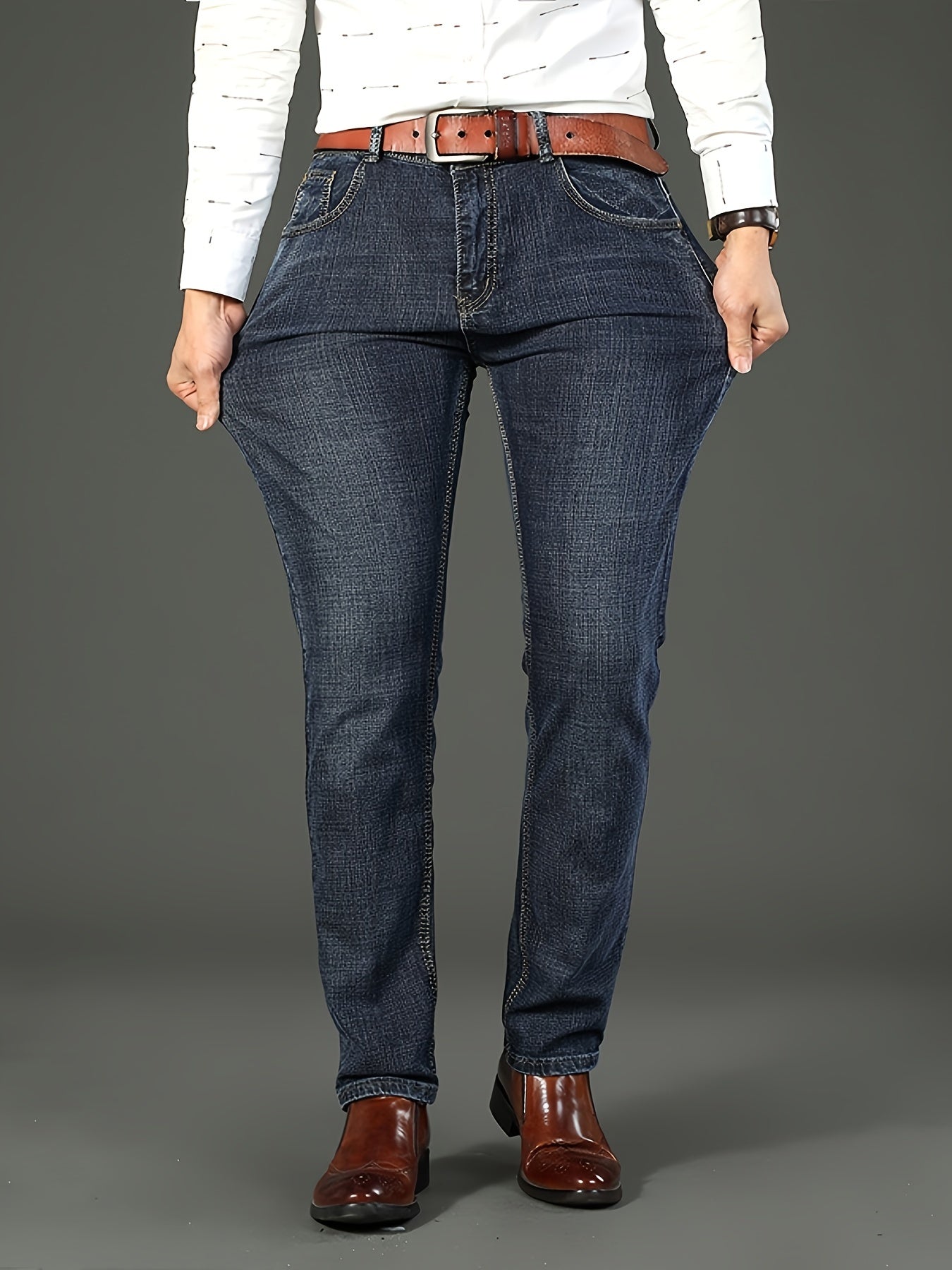 All Seasons New High-End Light Luxury Jeans Men'S Loose Straight Trousers High Waist Mid-Age Men'S Business Thick Versatile Fashion Casual Long Pants Belt-Free