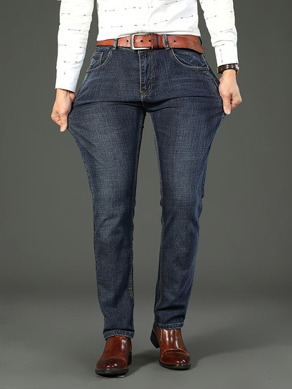 All Seasons New High-End Light Luxury Jeans Men'S Loose Straight Trousers High Waist Mid-Age Men'S Business Thick Versatile Fashion Casual Long Pants Belt-Free