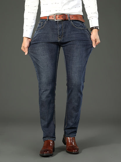 All Seasons New High-End Light Luxury Jeans Men'S Loose Straight Trousers High Waist Mid-Age Men'S Business Thick Versatile Fashion Casual Long Pants Belt-Free