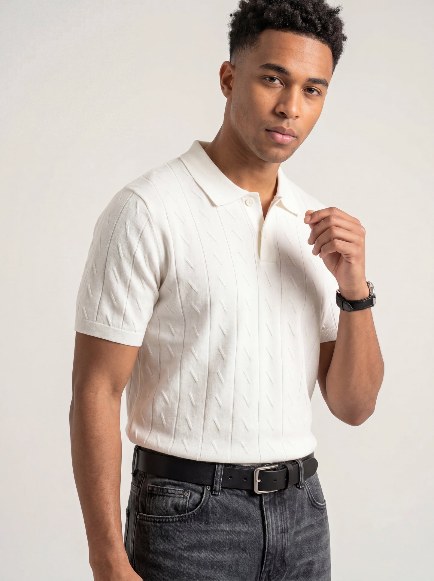 Ivory Textured Knit Polo T-Shirt