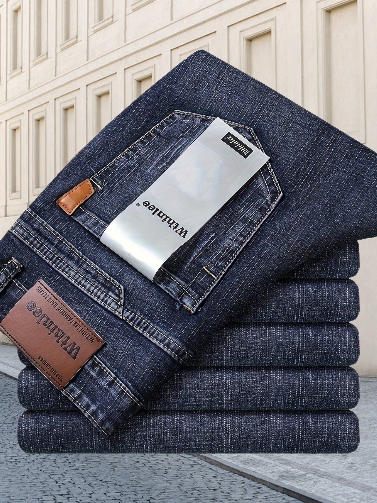 All Seasons New High-End Light Luxury Jeans Men'S Loose Straight Trousers High Waist Mid-Age Men'S Business Thick Versatile Fashion Casual Long Pants Belt-Free