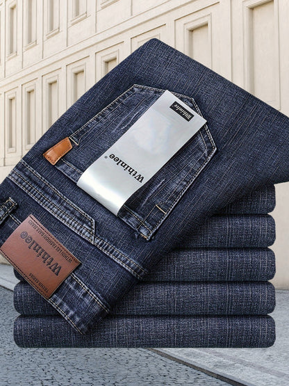 All Seasons New High-End Light Luxury Jeans Men'S Loose Straight Trousers High Waist Mid-Age Men'S Business Thick Versatile Fashion Casual Long Pants Belt-Free