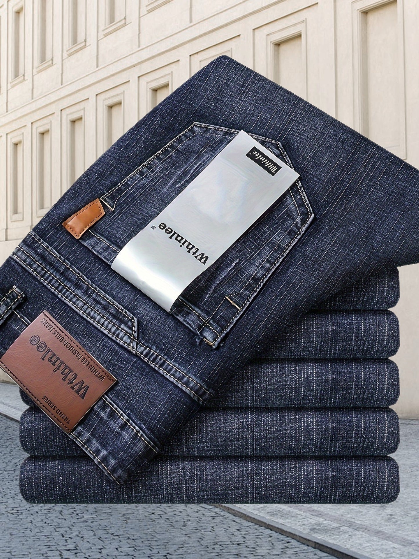 All Seasons New High-End Light Luxury Jeans Men'S Loose Straight Trousers High Waist Mid-Age Men'S Business Thick Versatile Fashion Casual Long Pants Belt-Free