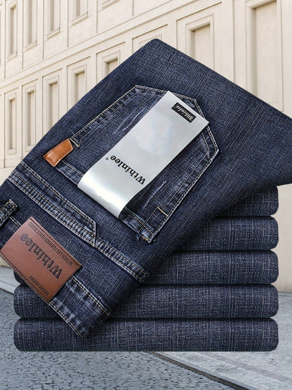 All Seasons New High-End Light Luxury Jeans Men'S Loose Straight Trousers High Waist Mid-Age Men'S Business Thick Versatile Fashion Casual Long Pants Belt-Free