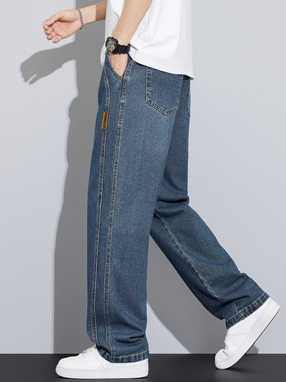 Men's Vintage Washed Blue Jeans - Heavy-Duty Straight-Leg Machine-Washable Pants for Casual, Office, Casual Attire (No-Stretch Non)