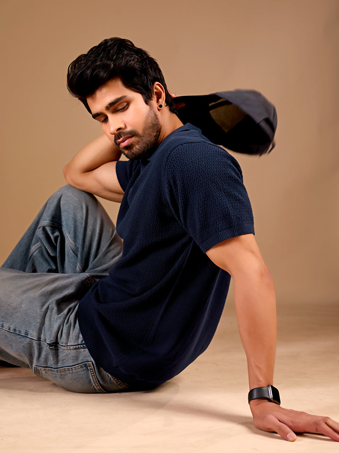 Navy Textured Knit Polo T-Shirt