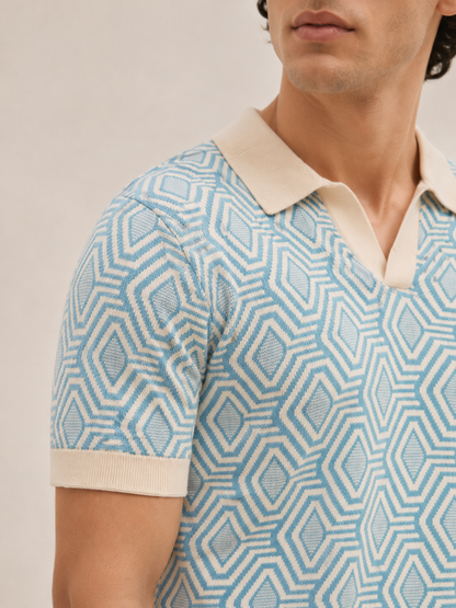 Sky Blue Geo Knit Polo T-Shirt
