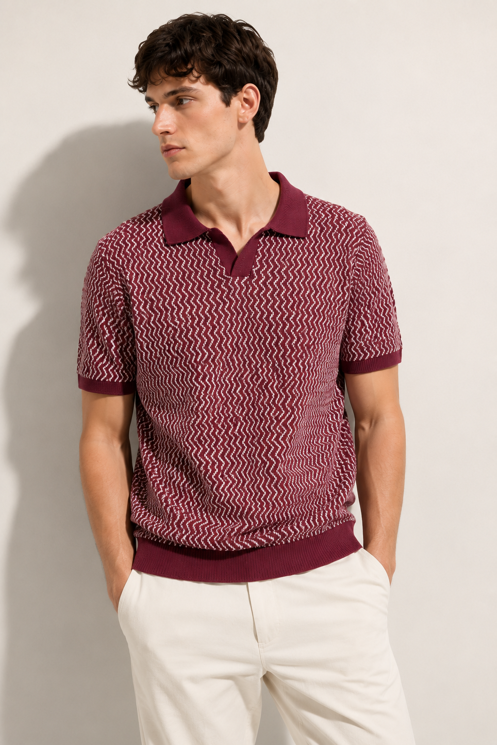 Maroon Wave Knit Polo T-Shirt