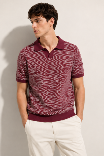 Maroon Wave Knit Polo T-Shirt