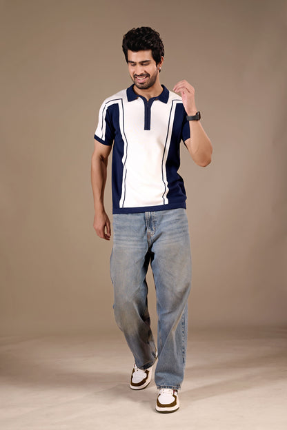 Navy Color Block Knit Polo T-Shirt