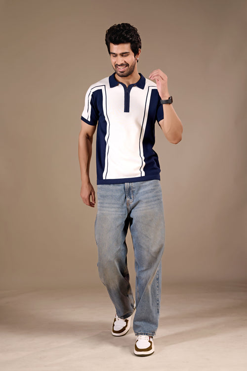 Navy Color Block Knit Polo T-Shirt