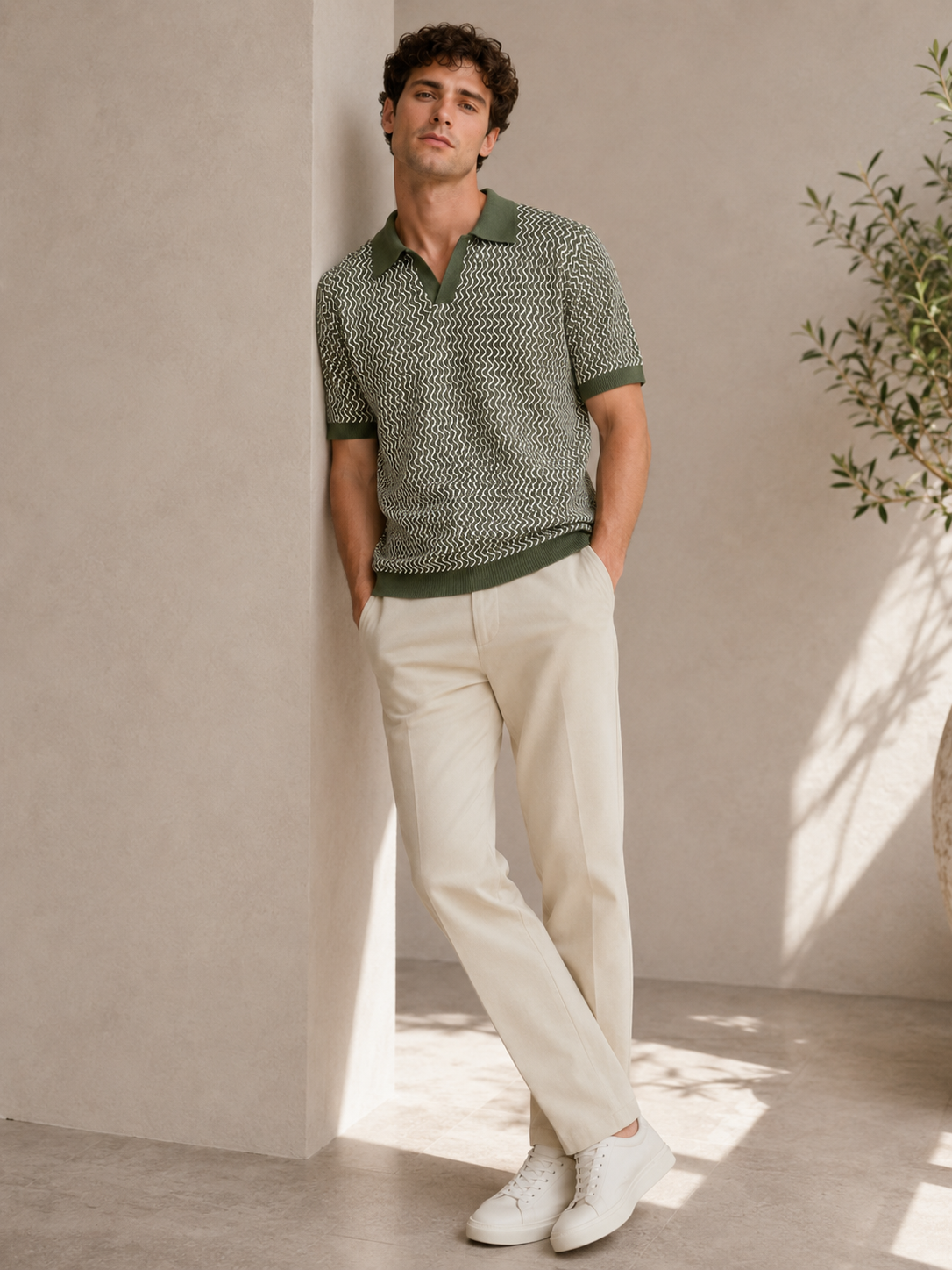 Olive Wave Knit Polo T-Shirt