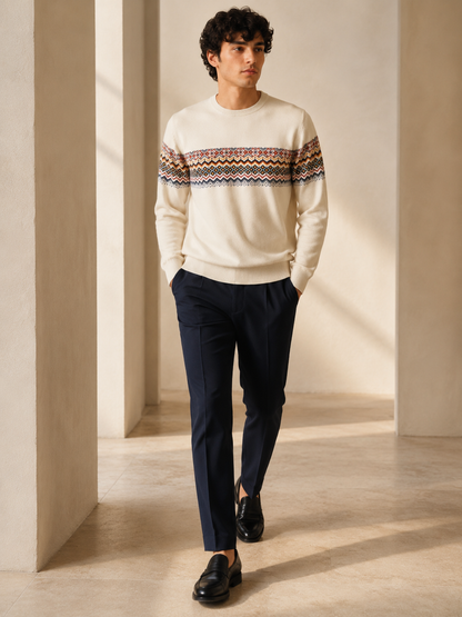 Men's Premium Fair Isle Jacquard Knit Sweater – Off White