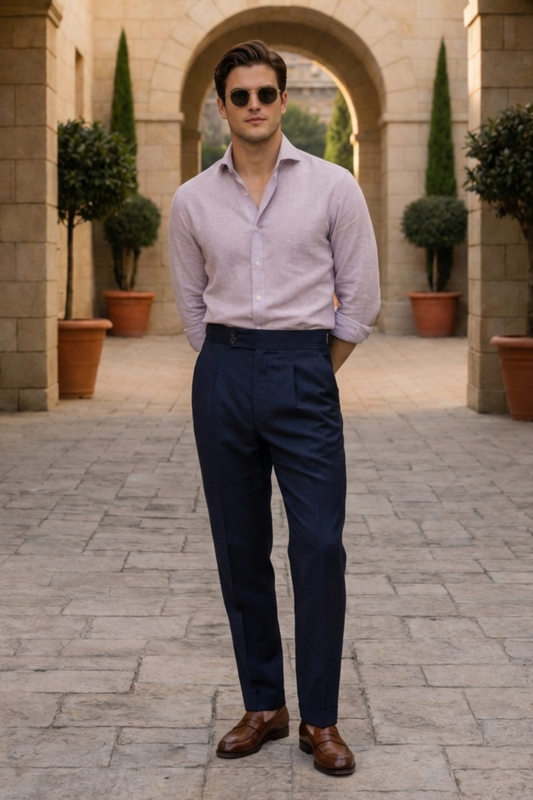 The Portofino Heritage Ensemble - Men's 2-Piece Set - Lavender Silk-Cotton Blend Shirt & Deep Navy Twill Pleated Cotton Trousers