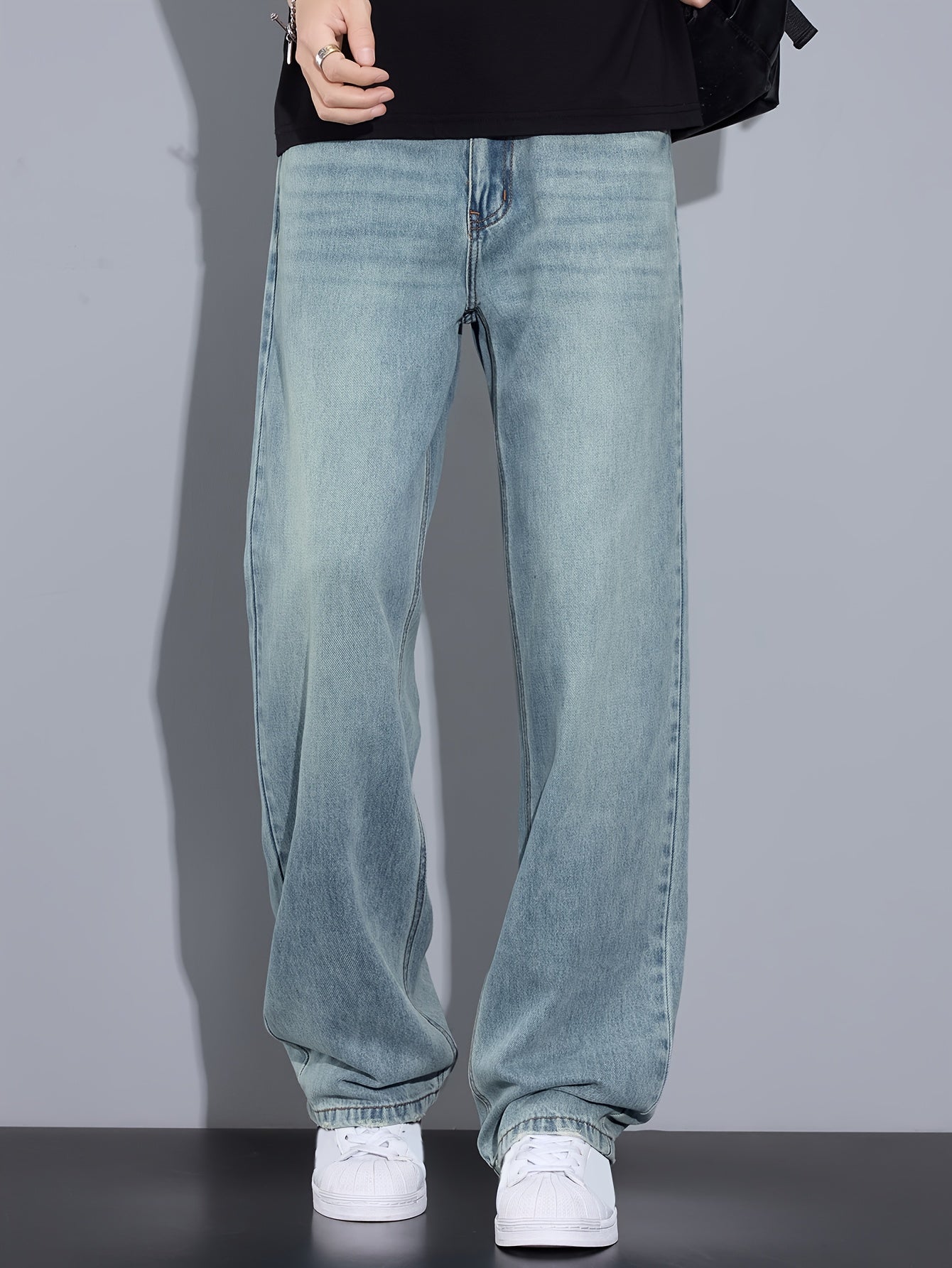 Hong Kong Style Vintage Distressed Youth Literary Light Blue Fashion Easy Men'S Autumn Washed Denim Jeans Casual All-Match Basic Commute Outdoor Leisure Loose Comfortable All-Season Men'S Straight Long Trousers (Kane.Zhang)