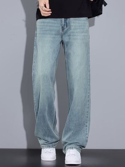 Hong Kong Style Vintage Distressed Youth Literary Light Blue Fashion Easy Men'S Autumn Washed Denim Jeans Casual All-Match Basic Commute Outdoor Leisure Loose Comfortable All-Season Men'S Straight Long Trousers (Kane.Zhang)