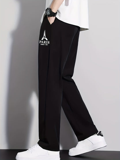 Summer Ice Silky Fiber Fabric Cool Straight-Leg Long Pants with Printed Pattern, Fashionable Trendy Casual Sportswear