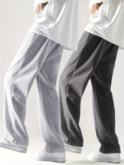 2-Pack Men's Loose-Fit Straight-Leg Casual Pants - Soft Stretch Knit Fabric with Adjustable Drawstring Waist & Side Pockets