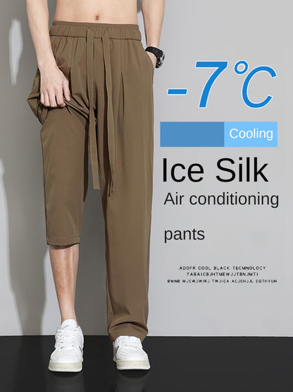 Double-Line Grid Ice Silky Fiber Fabric Wide-Leg Pants for Men, New Summer Style, Trendy Thin Loose Straight-Leg Versatile Casual Draping Trousers