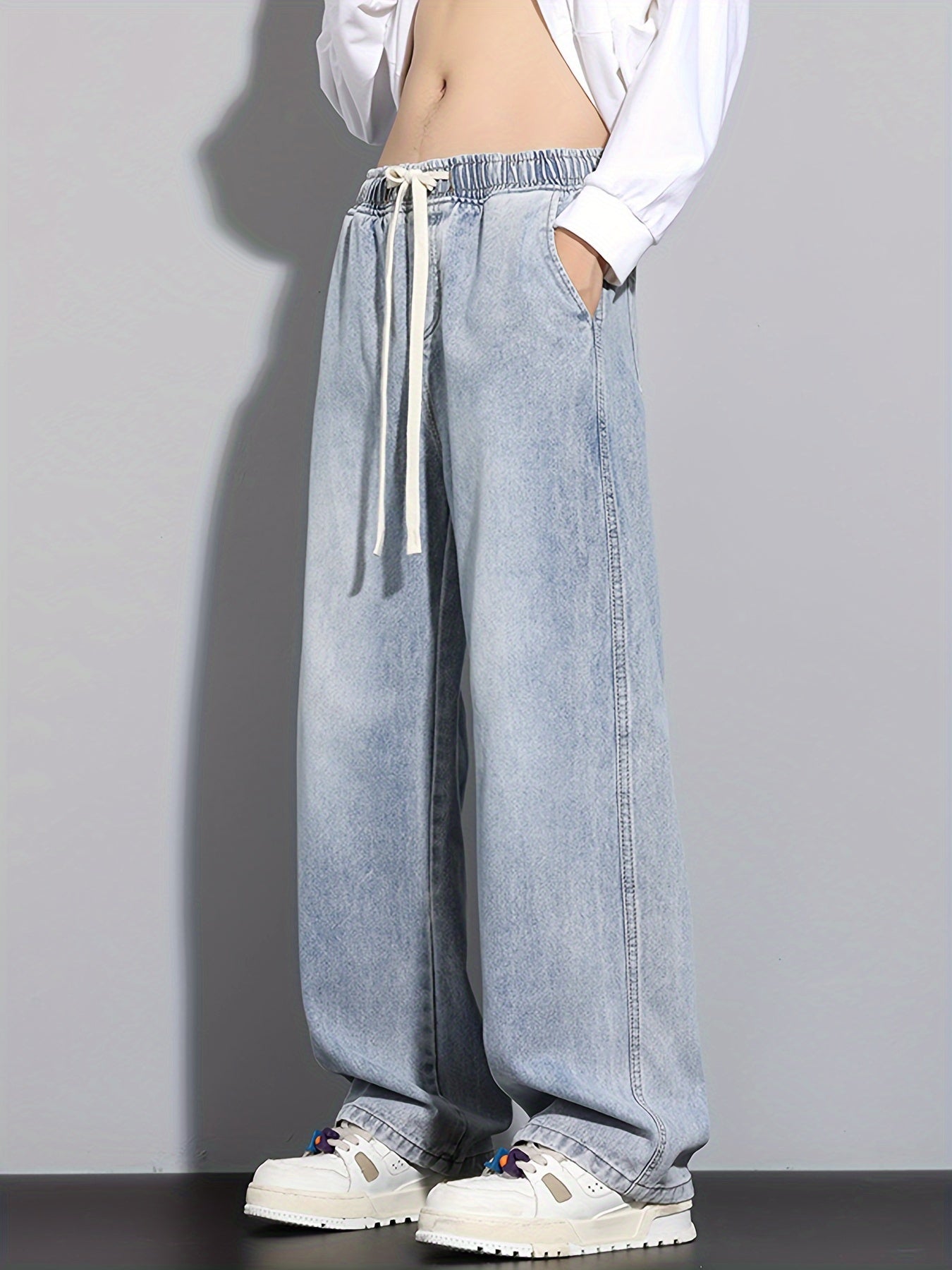 Men's Straight-Leg Relaxed Fit Non-Stretch Elastic Waistband Heavy Wash Salted Cat Whisker Five-Color Choice Jeans YG1133