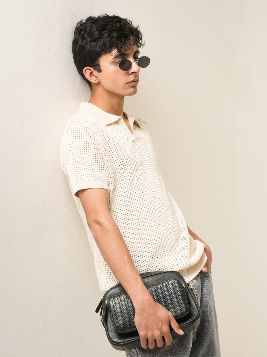 Ivory Waffle Knit Polo T-Shirt