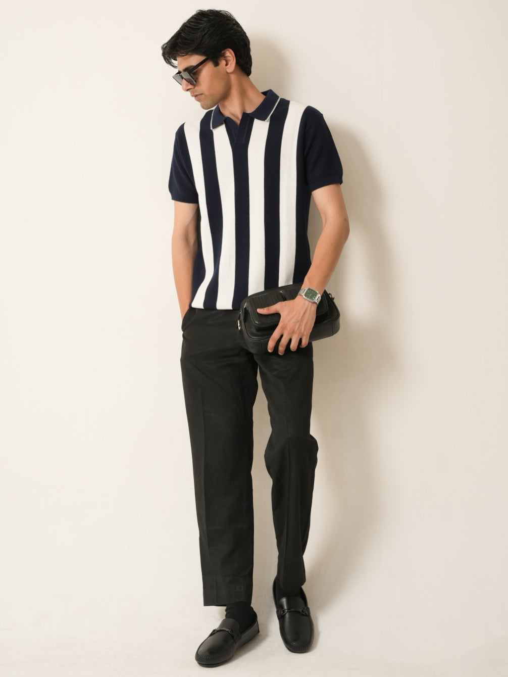 Navy Vertical Stripe Knit Polo T-Shirt
