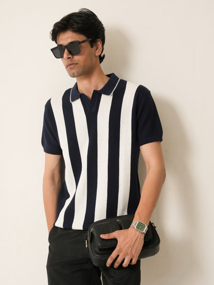 Navy Vertical Stripe Knit Polo T-Shirt