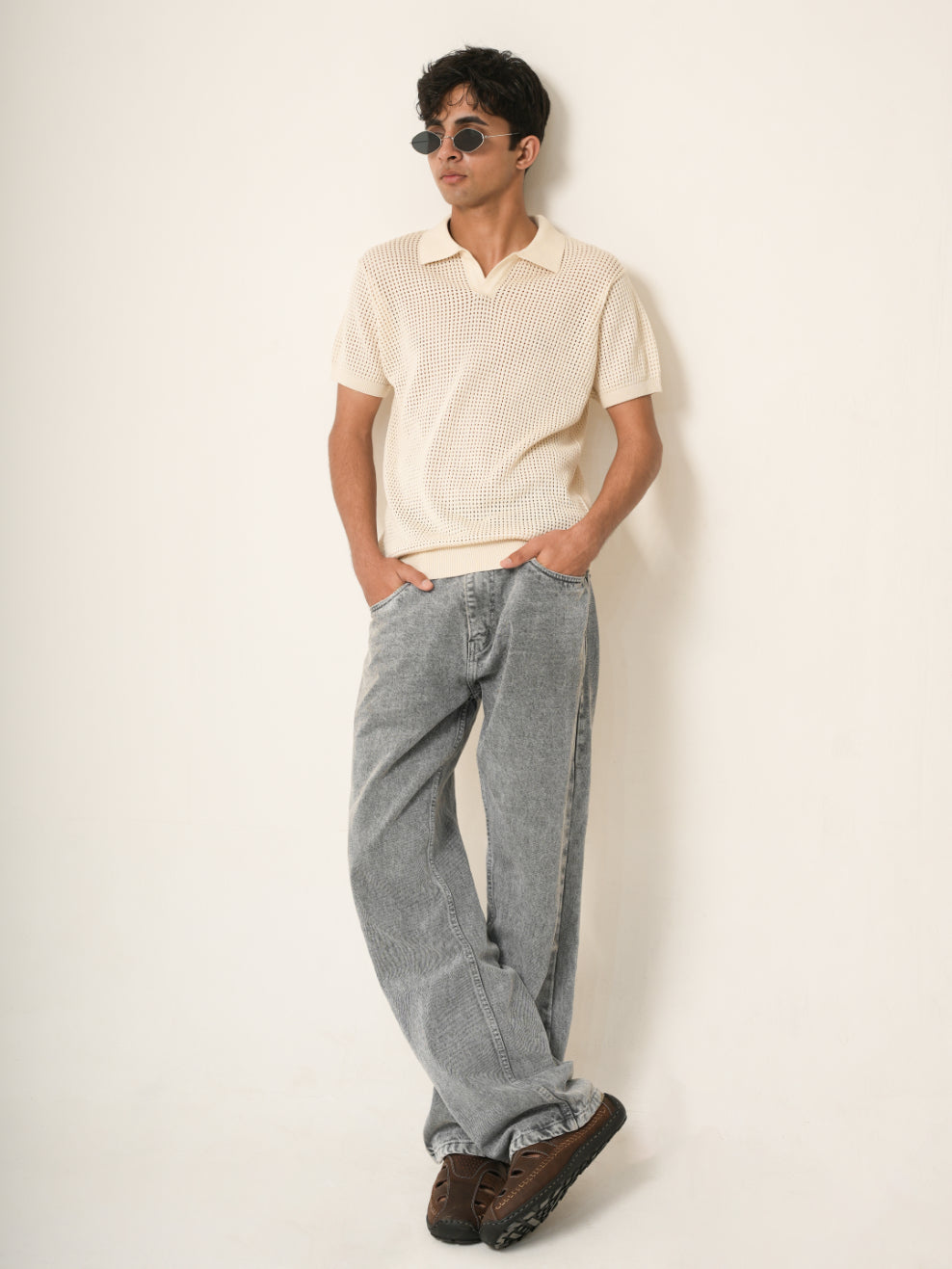 Ivory Waffle Knit Polo T-Shirt