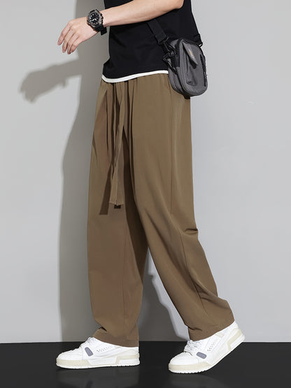 Double-Line Grid Ice Silky Fiber Fabric Wide-Leg Pants for Men, New Summer Style, Trendy Thin Loose Straight-Leg Versatile Casual Draping Trousers