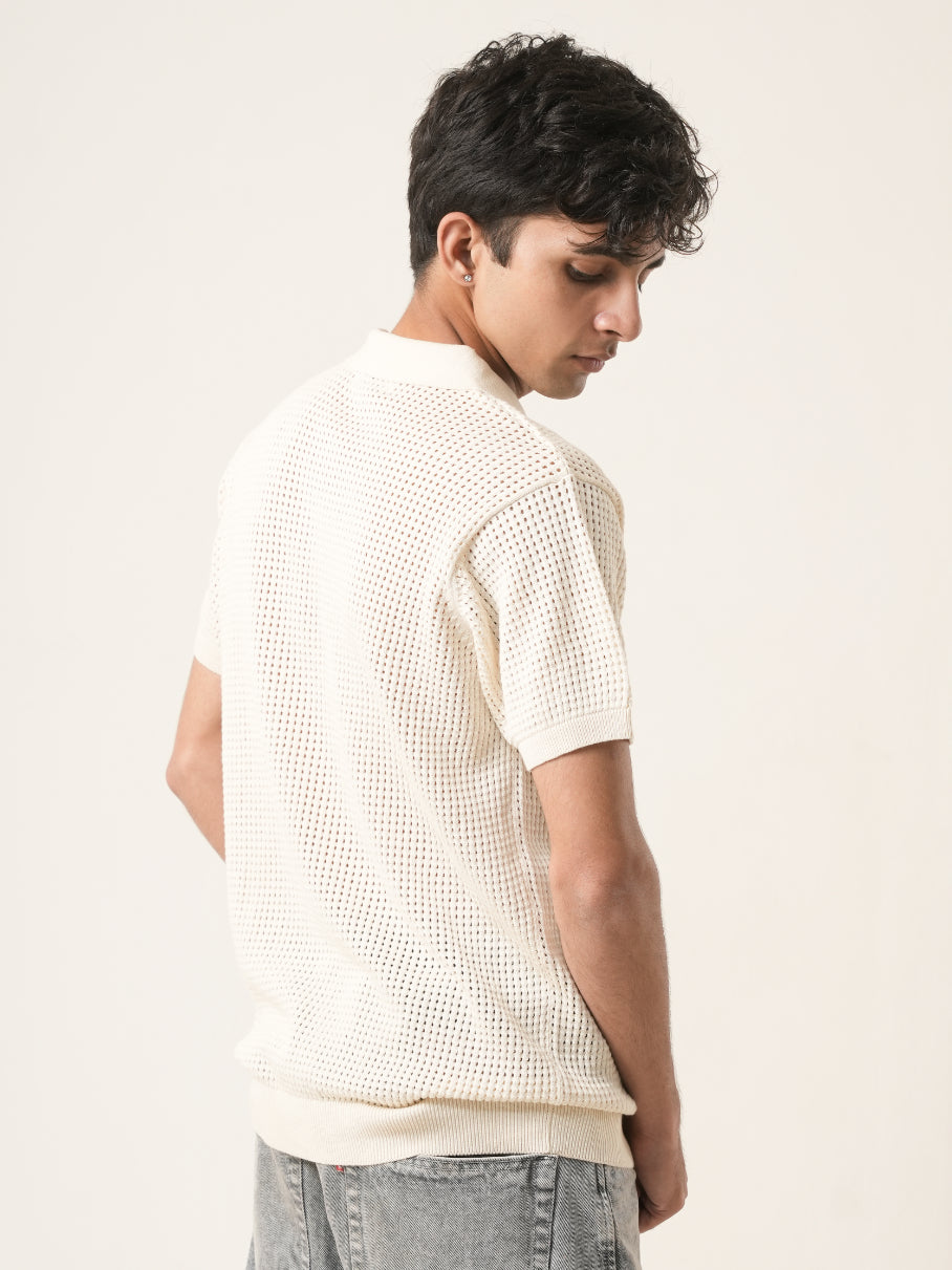 Ivory Waffle Knit Polo T-Shirt