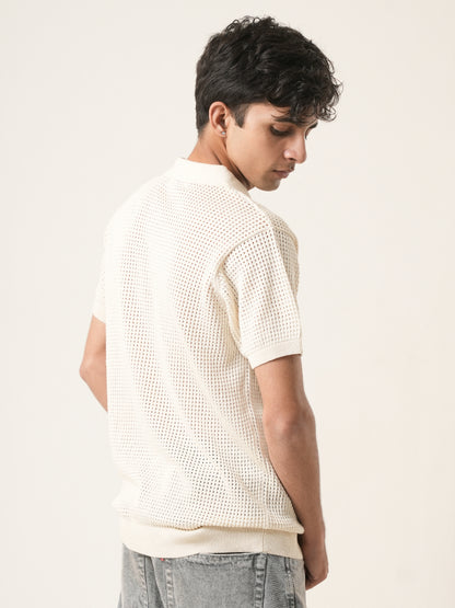 Ivory Waffle Knit Polo T-Shirt