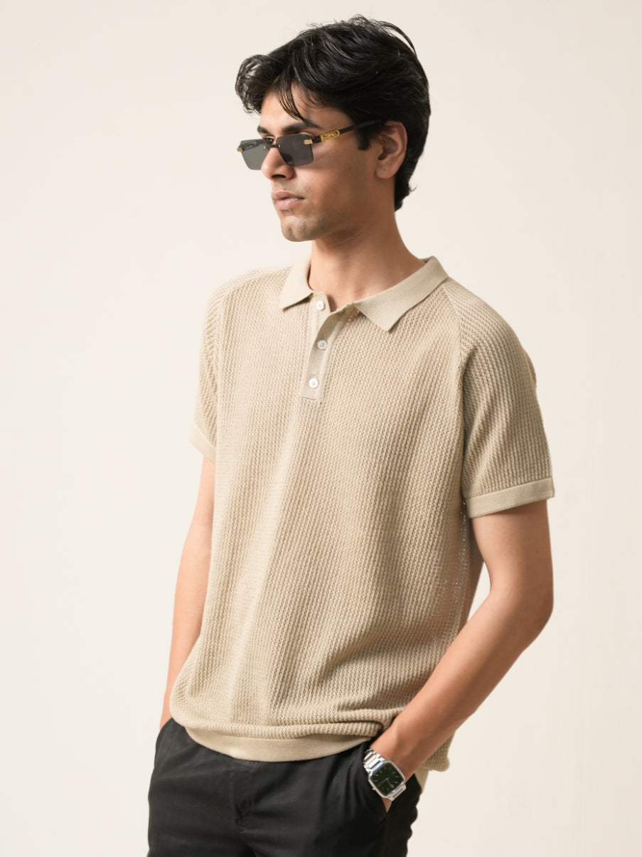 Beige Waffle Knit Polo T-Shirt