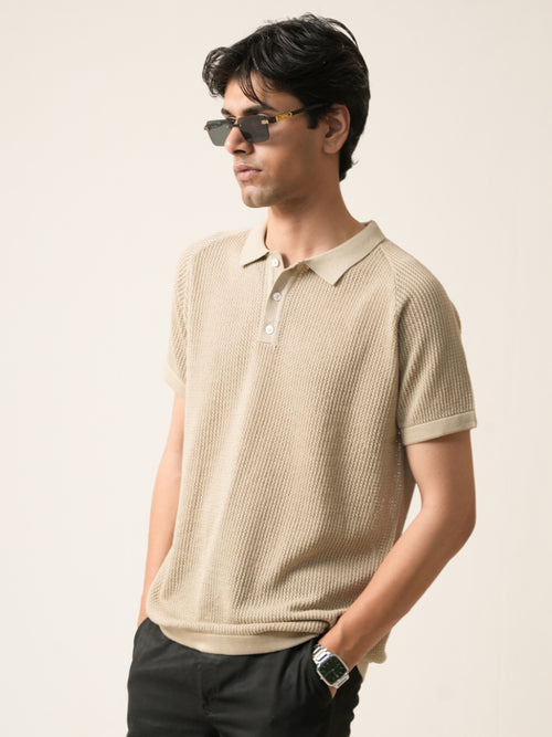 Beige Waffle Knit Polo T-Shirt